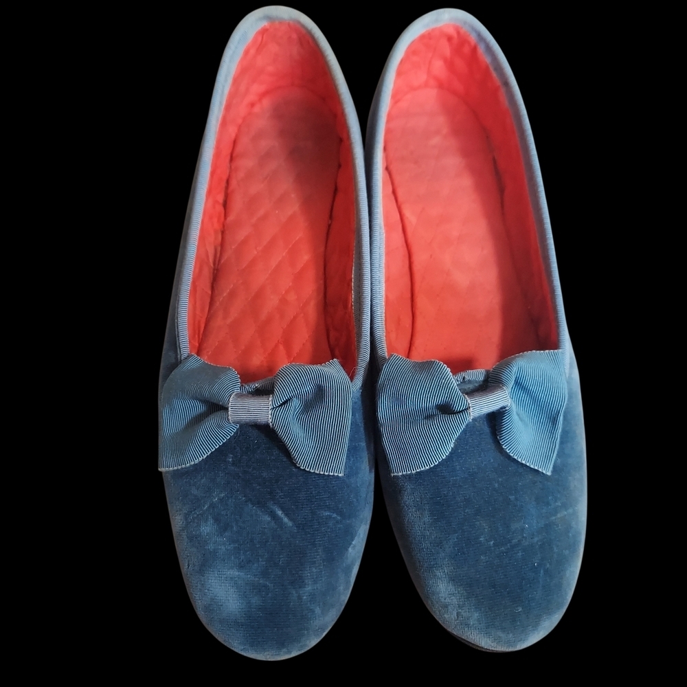 Rare Vintage Dunhams of Maine Blue Velvet Smoking Slippers Grosgrain Bow Size 11 - Picture 5 of 16